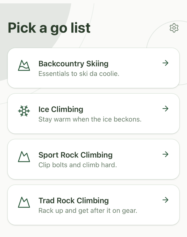 Cairn app — the “Pick a go list” home screen with sport-specific gear lists